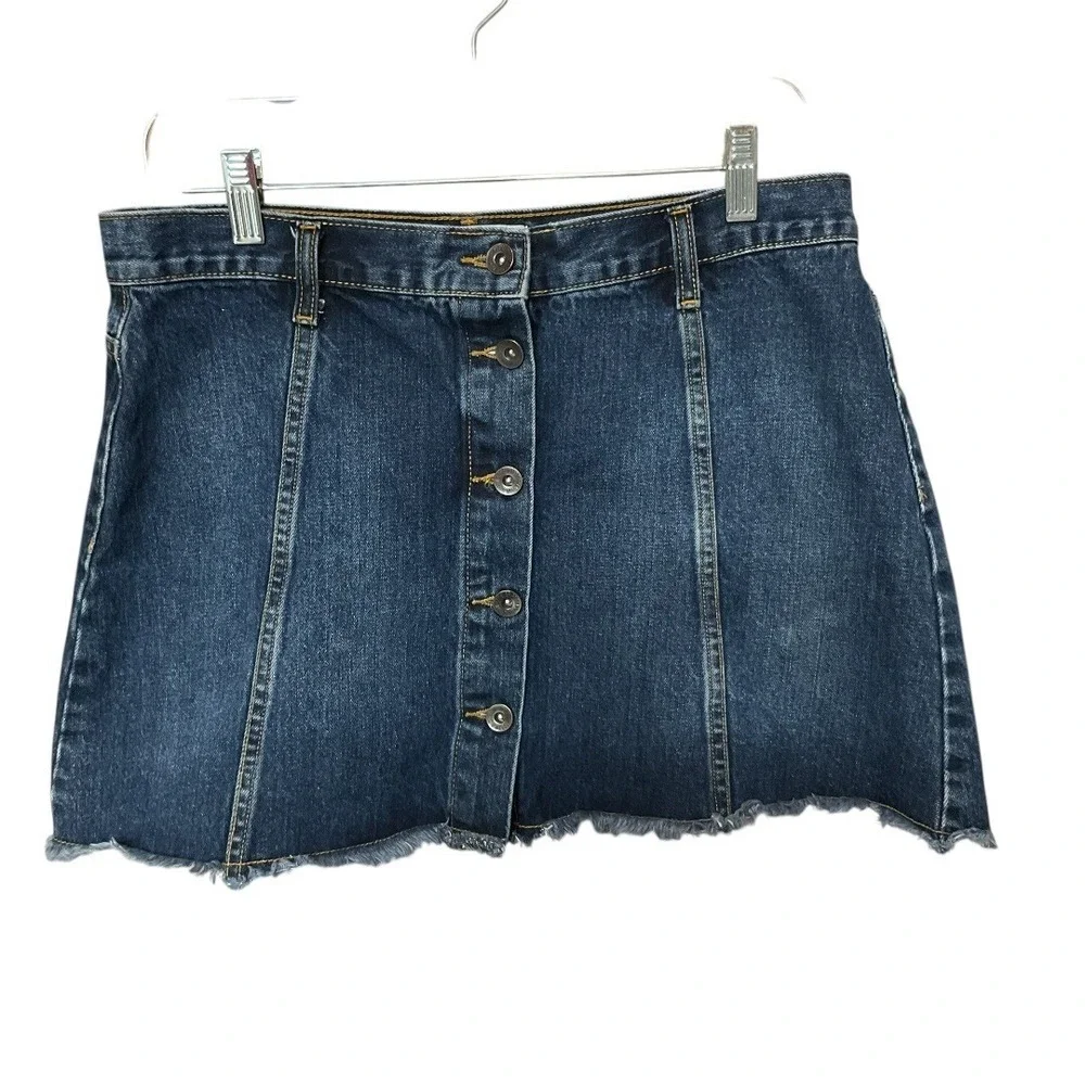 FOREVER 21 Women's A-Line Denim Mini Skirt Dark Wash Button Front Cotton Size 31